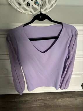 SHEIN Lavender V-Neck Blouse with Sheer Pom-Pom Sleeves
